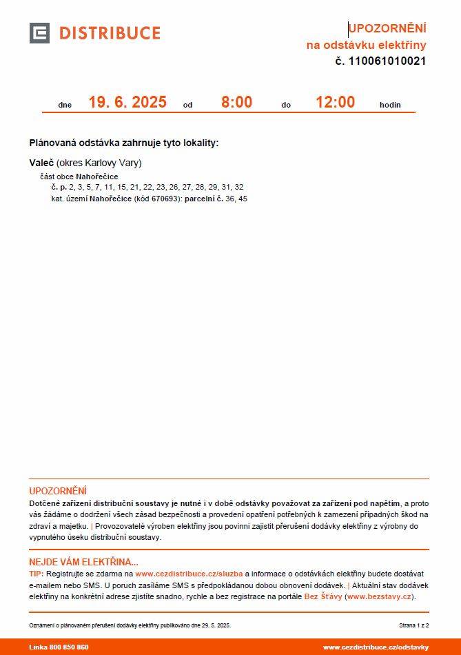 Upozornění na odstávku elektřiny v obci Nahořečice  19.06.2025 od 8:00 - 12:00 hodi