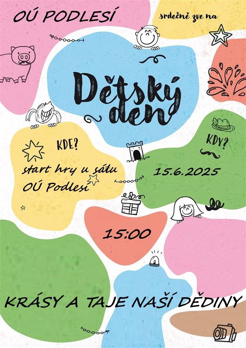 Oslava dne dětí proběhne v neděli 15.6.2025, začátek v 15,00 hod u sálu v Podlesí