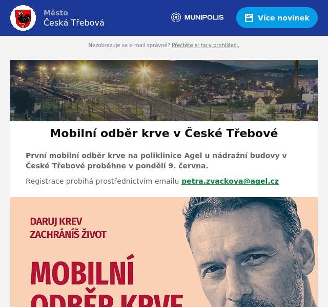První mobilní odběr krve na poliklinice Agel u nádražní budovy v České Třebové proběhne v pondělí 9. června. Registrace probíhá prostřednictvím emailu petra.zvackova@agel.cz