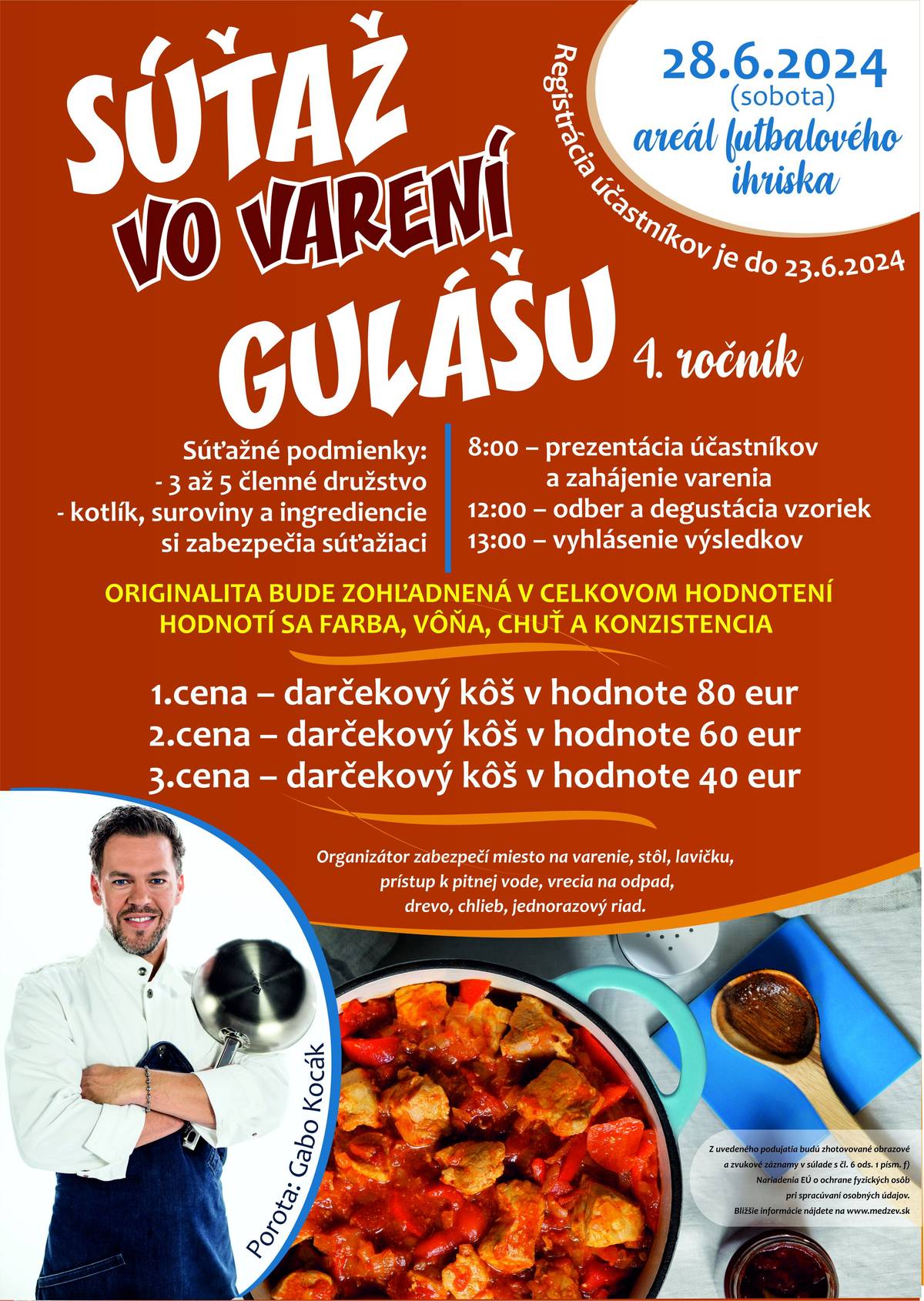 V sobotu 28.6. sa uskutoční súťaž vo varení gulášu v areáli futbalového ihriska. Prihlásiť sa môžu 3 až 5 členné tímy do 23.6. na MsKS, tel: 0918878511. Príďte si zasúťažiť a zažiť skvelú atmosféru. Tešíme sa na vás.