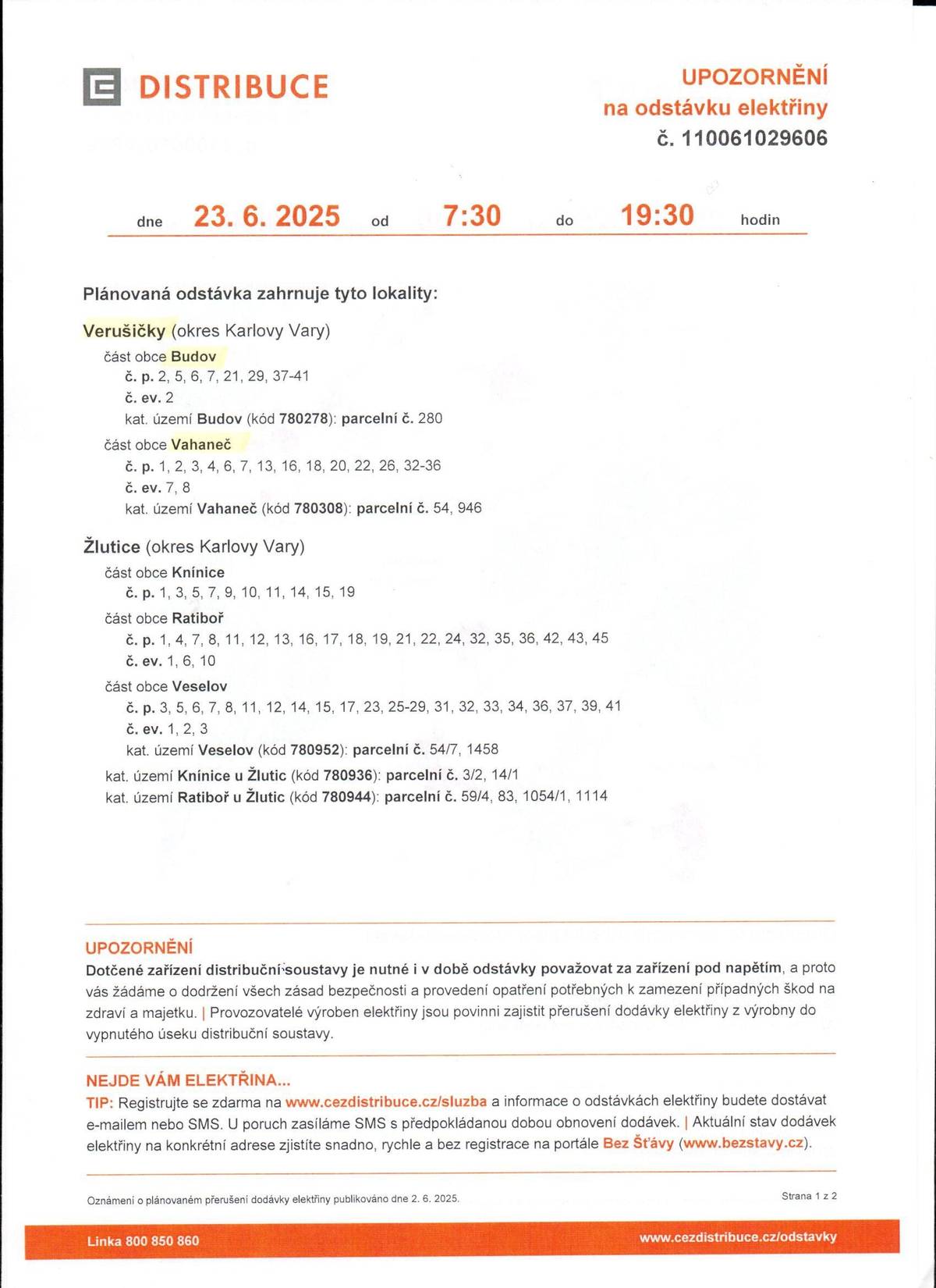 Upozornění na odstávku elektrické energie 23.6.2025 - Budov, Vahaneč
