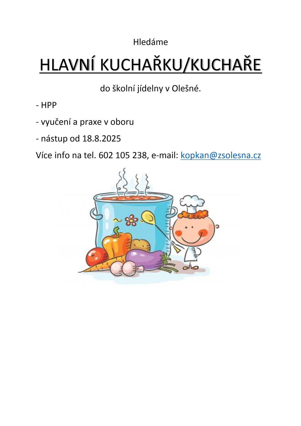 ZŠ a MŠ Olešná přijme od 18.82025 hlavní kuchařku/kuchaře do školní jídelny v Olešné na hlavní pracovní poměr. Požadavky: vyučení a praxe v oboru. Kontakty: tel.: 602105238, e-mail: kopkan@zsolesna.cz