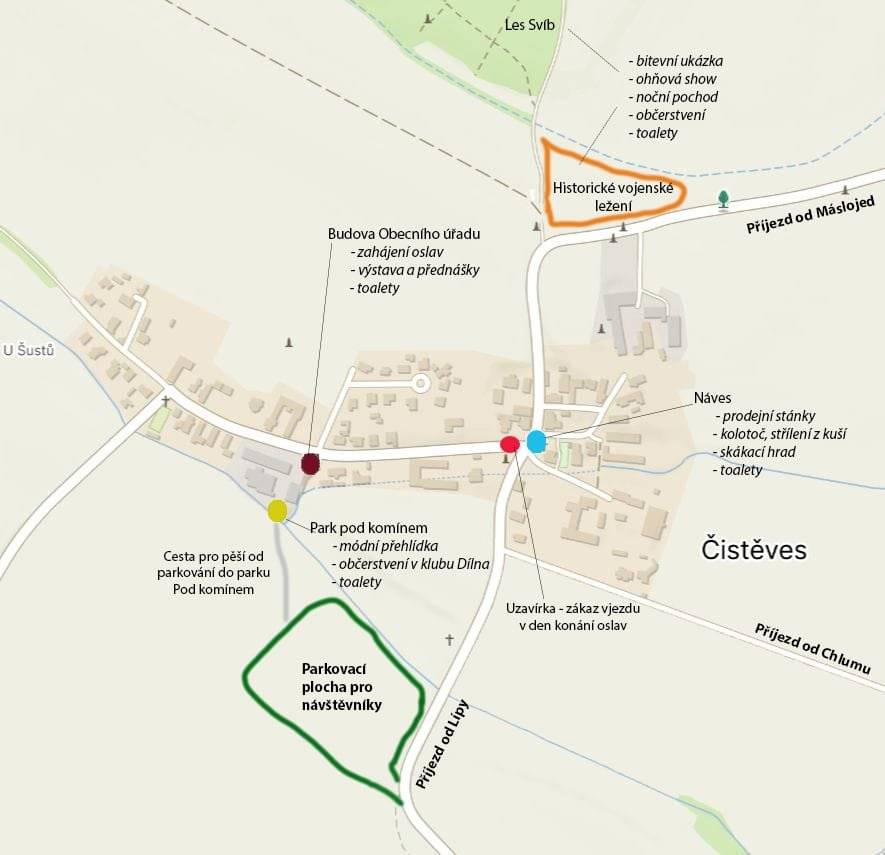 Dobrý den všem, kteří se k nám v sobotu dne 7.6.2025 chystají zcela jistě pomohou naše informace. Hlavní záchytné parkoviště ve směru od Hradce Králové bude připrveno a místně vyznačeno na louce "Kašparka" s nájezdem mezi obcemi Lípa a Čistěves. Hlavní komunikace v obci bude pro dopravu zcela uzavřena s vyjímkou domácích. Dopravu v obci pro děti i dospělé návštěvníky bude zajišťovat "vláček".  Na přiložené mapce jsou vyznačeny místa konání jednotlivých akcí, které Vás během dne čekají. Těšíme se na Vás, v sobotu nashledanou... Realizační tým oslav "800 let" a "Rozsvícený Svíb".