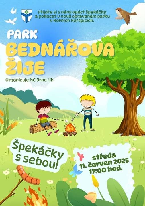 Srdečně vás zveme na setkání s vedením radnice, které uskuteční ve středu 11. června od 17 h v nově zrekonstruovaném parku na ulici Bednářova v Horních Heršpicích  Probereme co vás trápí a vyzkoušíme nový mobiliář  Špekáčky s sebou!