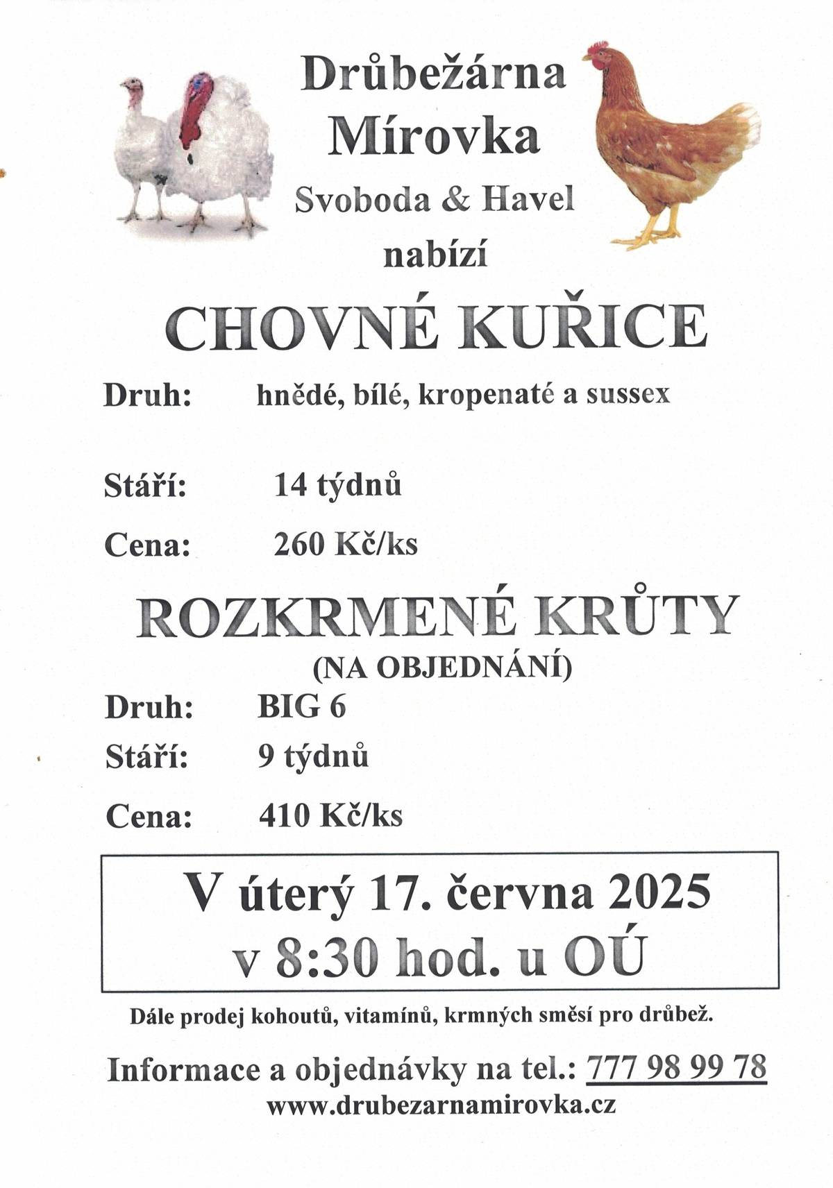 Dne 17.6.2025 v 8.30hod. u OÚ bude probíhat prodej chovných kuřic,stáří 14 týdnů, 260,-Kč/ks a rozkrmených krůt, stáří 9 týdnů, 410,-Kč/ks.