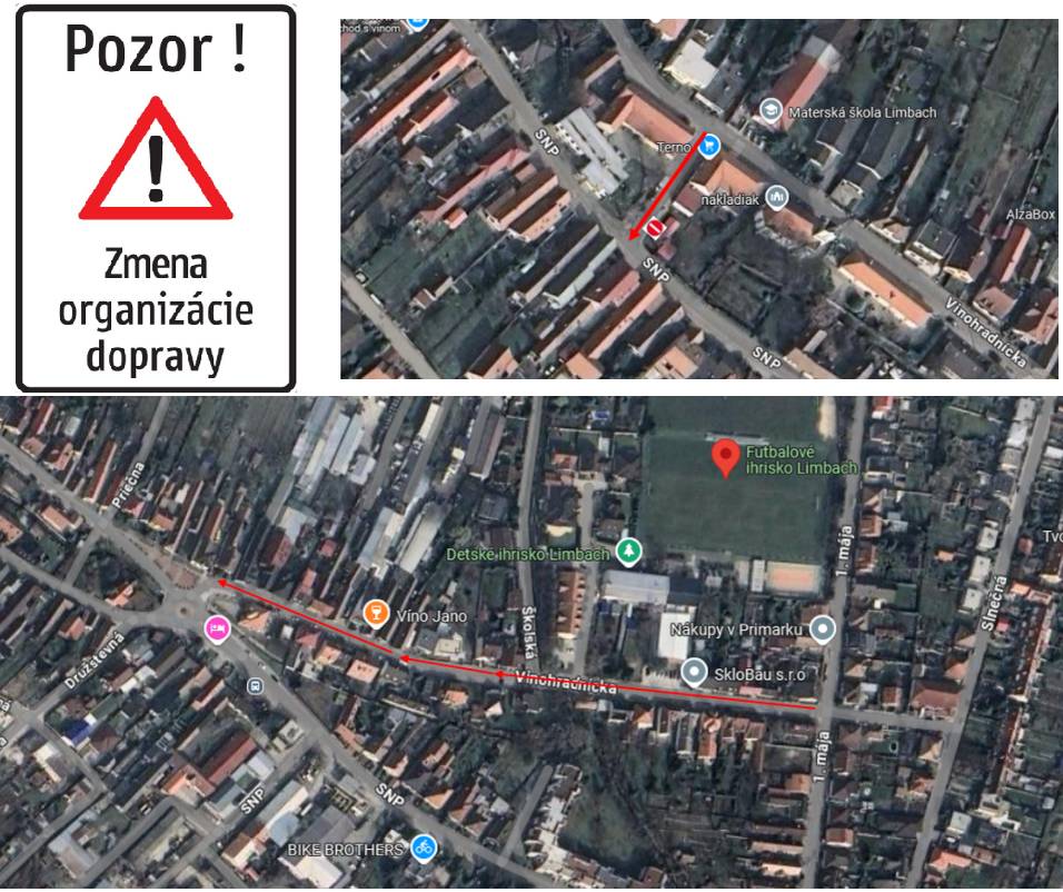 Vážení občania, od 04.06.2025 došlo k zmene organizácie dopravy. Úprava reaguje na podnety obyvateľov.  Vinohradnícka ulica od križovatky 1.mája v smere na kruhový objazd bude jednosmerná. úsek - spojnica medzi ulicou Vinohradnícka a ulicou SNP (pri Terne) bude jednosmerná (z ulice SNP už nie je možné odbočiť k Ternu).  Ďakujeme za porozumenie.