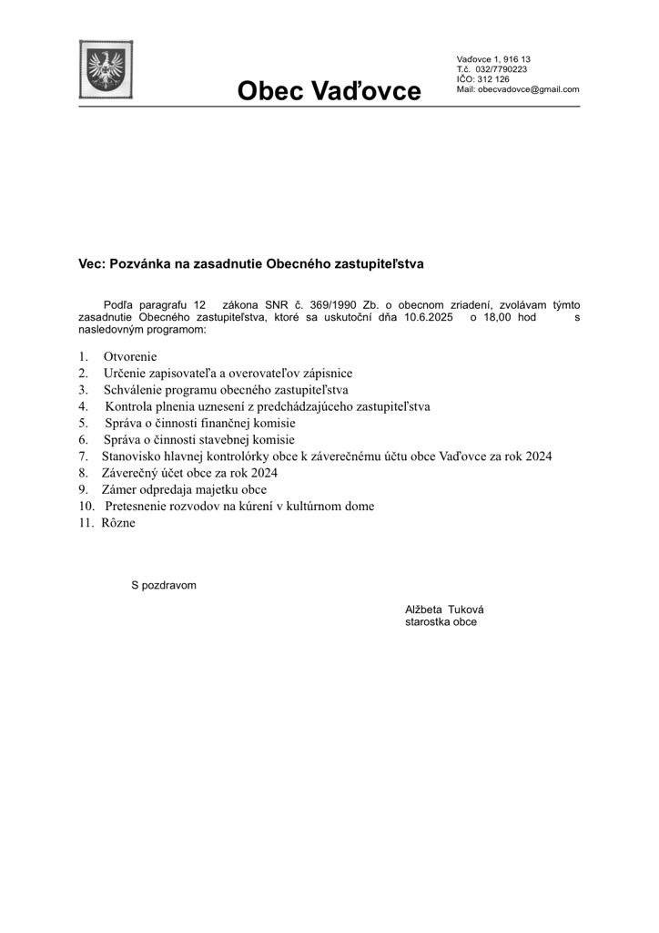 Pozvánka na zasadnutie Obecného zastupiteľstva dňa 10.6.2025