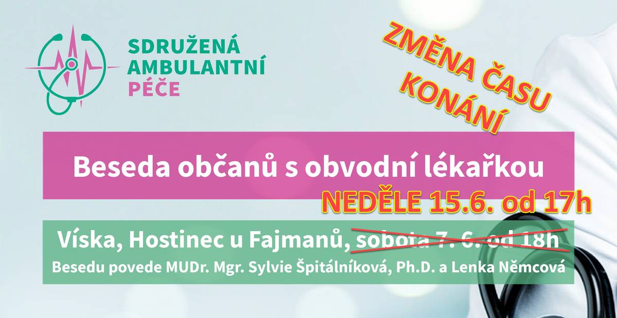 Nový termín besedy s MUDr. Mgr. Sylvii Špitálníkovou Ph.D. a paní Lenkou Němcovou je v neděli 15.6.2025 od 17 hodin v hospodě u Fajmanů.