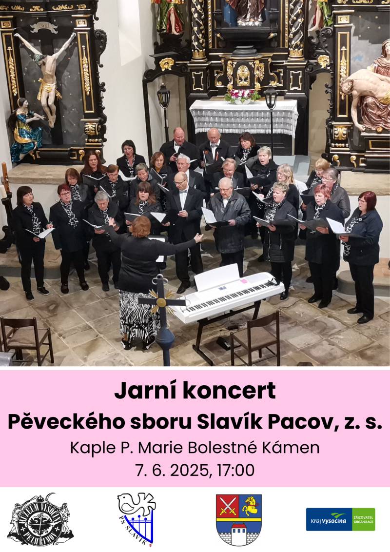 Vážení občané, zveme vás zítra 7. června 2025 od 17:00 hodin do kaple P. M. Bolestné v Kámeně na Jarní koncert Pěveckého sboru Slavík Pacov, z. s.