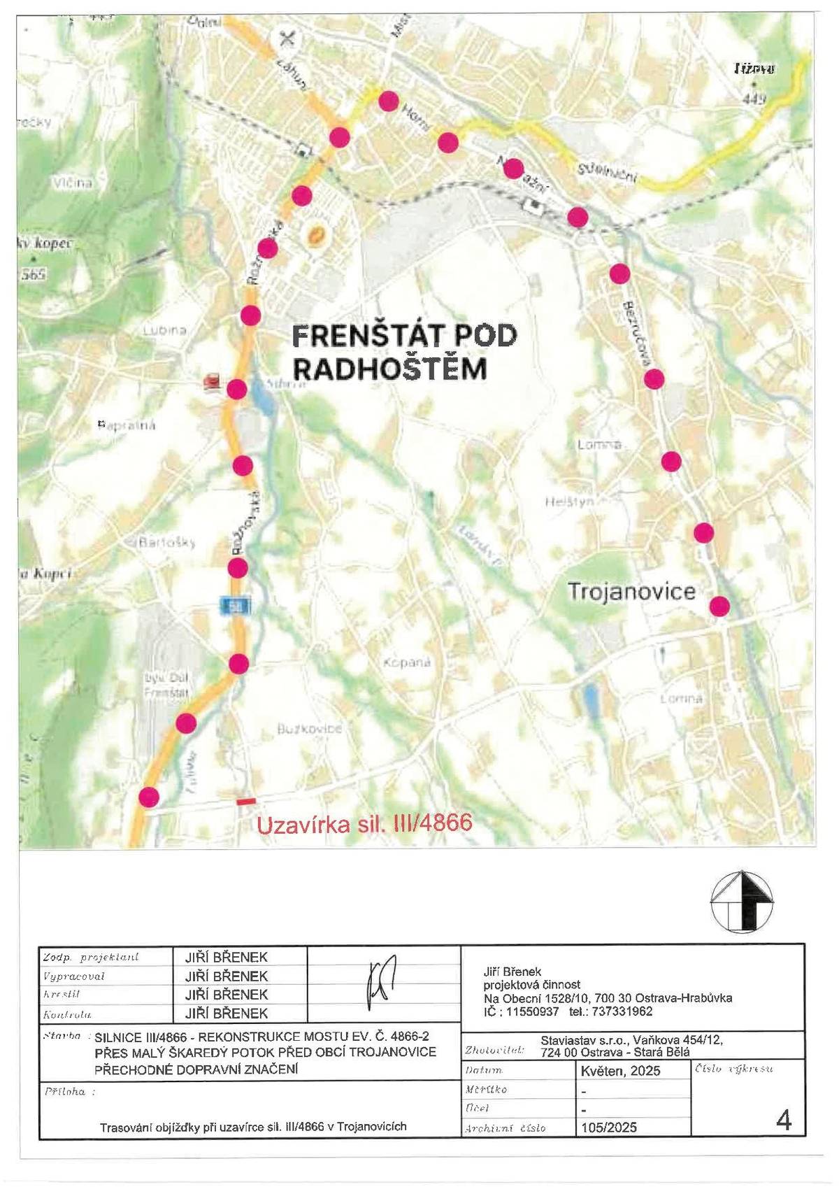 Upozorňujeme občany, že v rámci akce " Silnice III/4866 – rekonstrukce mostu ev.č. 4866-2 přes Malý Škaredý potok před obcí Trojanovice " dojde k dopravnímu omezení - uzavírce silnice III/4866 v místě mostu přes potok Malý Škaredý (u zvoničky Pod Radhoštěm). Doba uzavírky je plánována od 16. 6. 2025 do 10.10.2025.