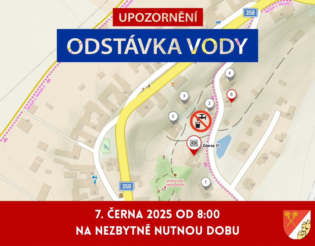 Zítra 7.6.2025 od 8:00 budou z důvodu opravy havárie vodovodu odstaveny od dodávky vody tyto č.p.: 31, 32, 34, 35, 45, 67, 96. Odstávka bude na nezbytně nutnou dobu. Děkujeme za pochopení.
