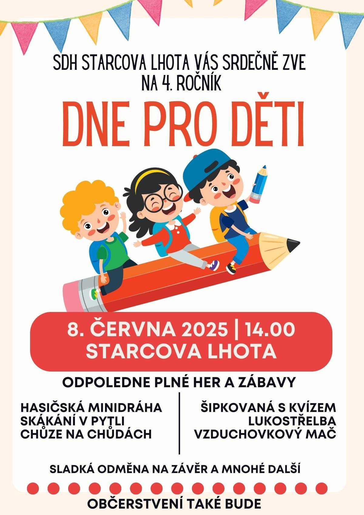 Okrašlovací spolek vás zve 6. června na Vítání ptačího zpěvu s ornitologem Josefem Jahelkou. Sraz na Farské zahradě v 16:00 hodin. Okrašlovací spolek dále zve 7. června na Čtení v zahradě. Začátek akce v 16:00 hodin na Farské zahradě. Letní biograf FARSKÁ promítá tuto sobotu 7. čevna 2025 od 20:45 hodin rodinný film Tichá pošta. SDH Starcova Lhota vás srdečně zve 8. června na Dne pro děti. Začátek akce ve 14:00 hod.