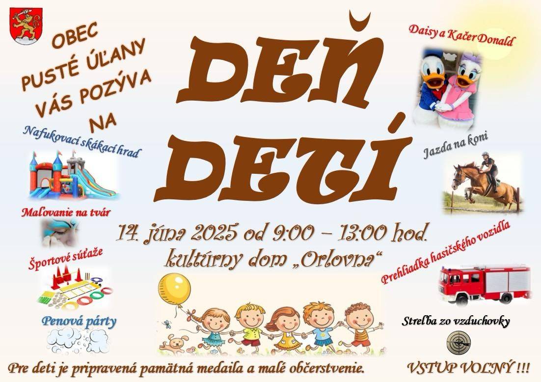 Obec Pusté Úľany Vás pozýva na oslavu "Dňa detí 2025" v priestore pred kultúrnym domom Orlovna dňa 14.6.2025 od 9.00 hod. do 13.00 hod.