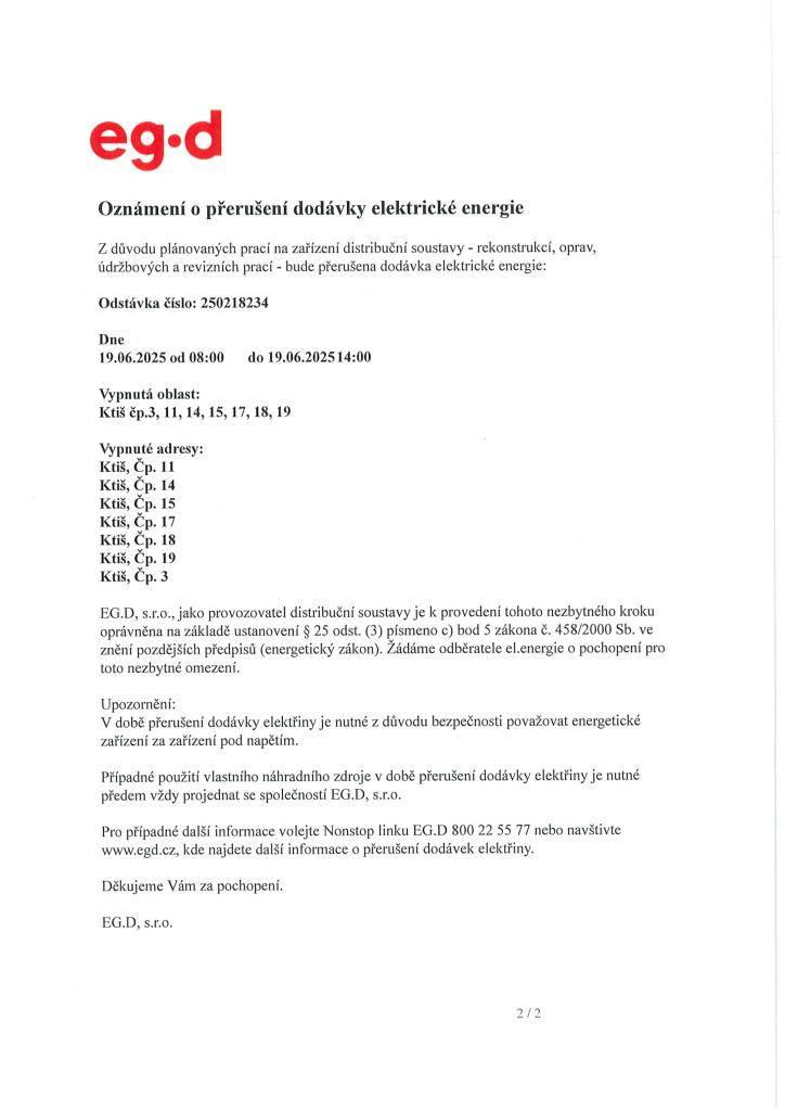 Oznámení o přerušení dodávky elektrické energie