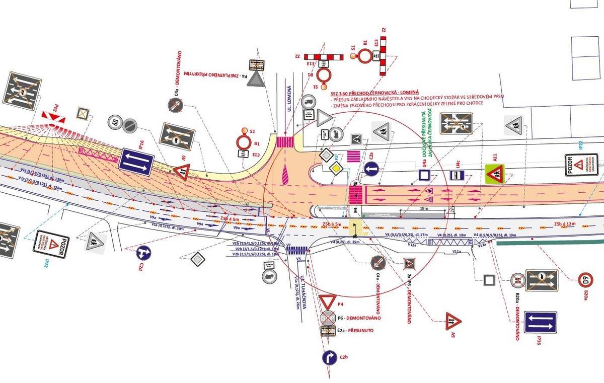 II/641 Brno, ul. Černovická – úsek 5 - II. etapa - uzavírka křižovatky Černovická x Lomená     Termín akce: 9.6. – 18.7. 2025   Jedná se o stávající uzavírku jízdního pásu sil. II/641 ul. Černovická, směr Židenice, doplněnou o uzavírku křižovatky ul. Černovická x Lomená. Do ulic této části Komárova bude možné po tuto dobu vjíždět z ulice Hněvkovského. Dojde k vyparkování části vozidel z ulice Pompova a Slunná.     V termínu 1.7. – 8.7. 2025 – SSZ v křižovatce ul. Černovická x Lomená vypnuto - bude se dělat SSZ v této křižovatce
