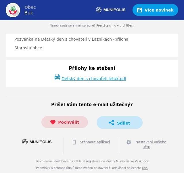 Pozvánka na Dětský den s chovateli v Laznikách -příloha Starosta obce