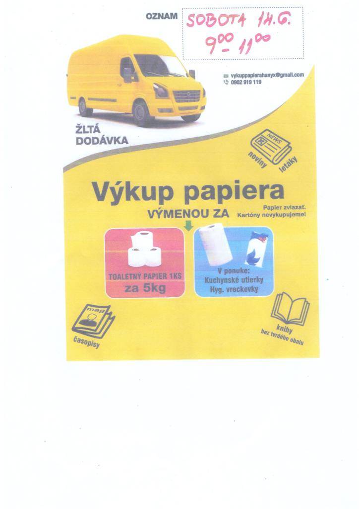 V našej obci sa uskutoční výkup papiera dňa 14.06.2025 v čase od 9:00-11:00 hod. Výkup sa bude realizovať zo žltej dodávky.