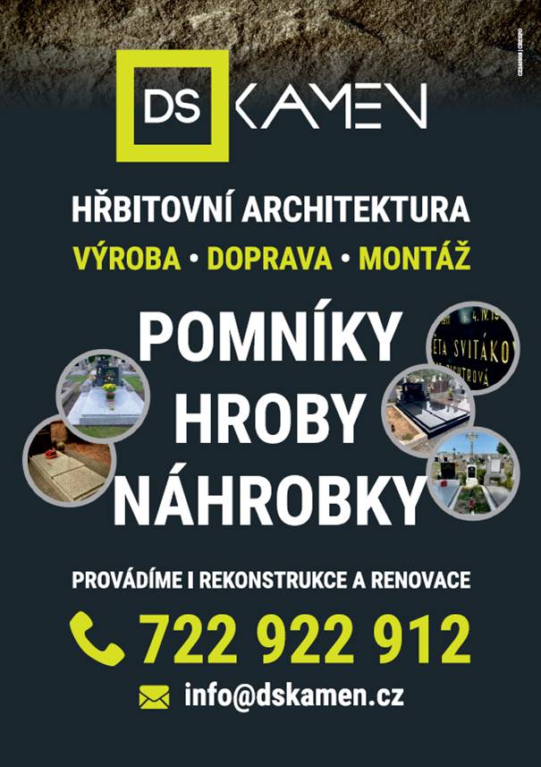 V Útery 10.6. v 13:30 firma DS kámen na hřbitově ve Veselé. Nezávazné nacenění stavby či renovace hrobu, přípisy, zlacení. Tel. 722 922 912.
