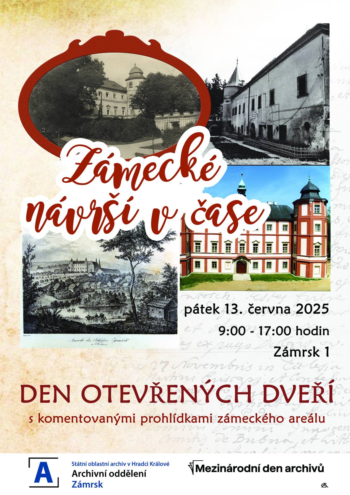 Státní oblastní archiv v Hradci Králové - Archivní oddělení Zámrsk zve na Den otevřených dvěří s komentovanými prohlídkami zámeckého areálu na adrese Zámrsk 1, který se uskuteční v pátek 13. června 2025 od 9 do 17 hodin.
