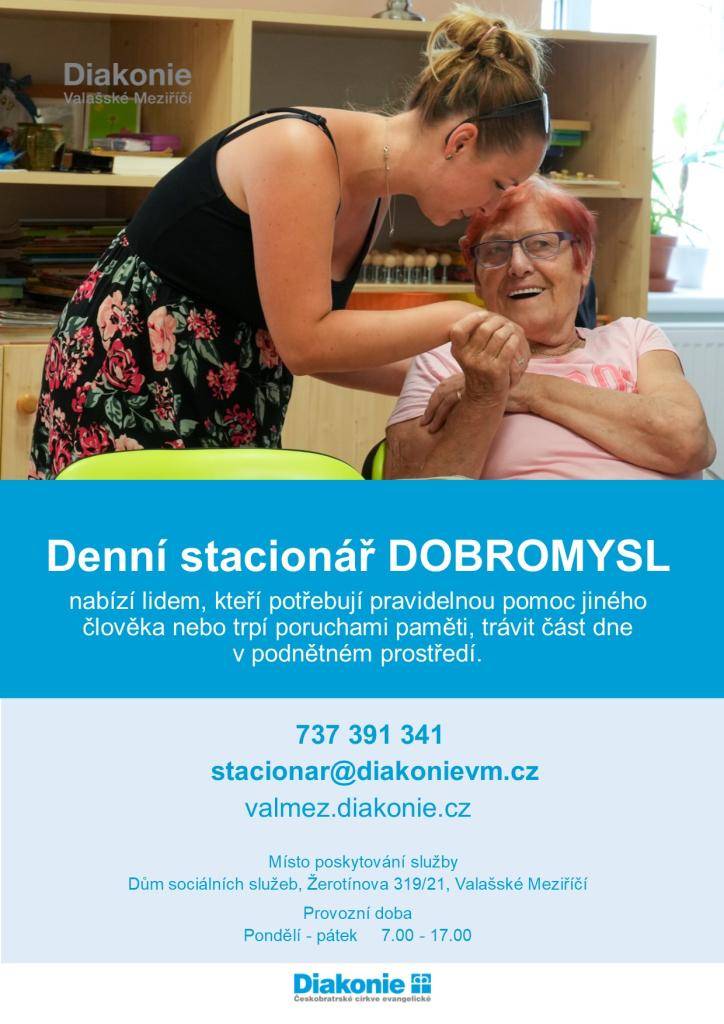 Diakonie Valašské Meziříčí je místem, kde mohou senioři, kteří potřebují pomoc jiného člověka nebo trpí poruchami paměti, smysluplně strávit den. Denní pobyt ve stacionáři je řešením pro ty, kteří nemohou být v době, kdy jejich blízcí pracují, sami doma. Je také vhodný pro seniory