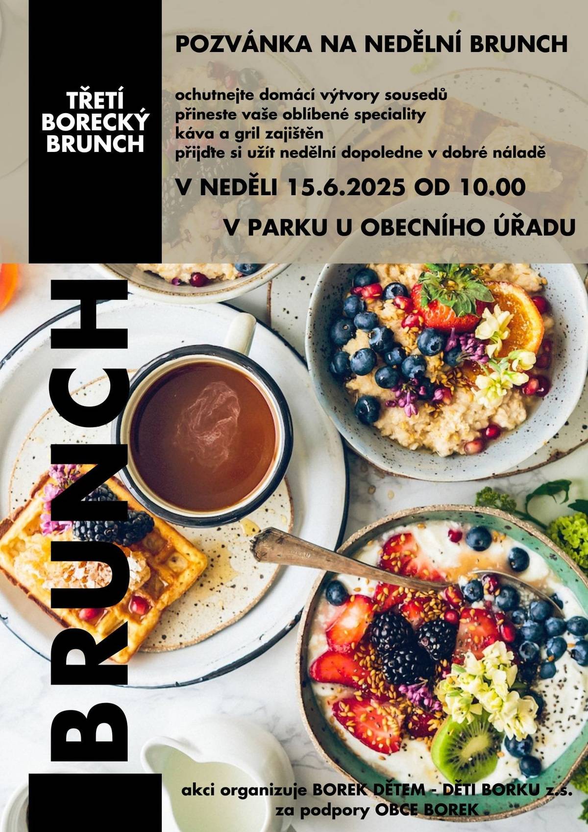 Dobrý den všem. Dovolte mi, abych Vás všechny pozval jménem spolku BOREK DĚTEM - DĚTI BORKU z.s. a OÚ BOREK na - TŘETÍ BORECKÝ BRUNCH, který se uskuteční v neděli 15. června 2025 od 10:00 hodin v parku u OÚ Borek. Bližší informace získáte v přiloženém letáku.S přáním hezkého dne Jaroslav Novák - starosta obce Borek