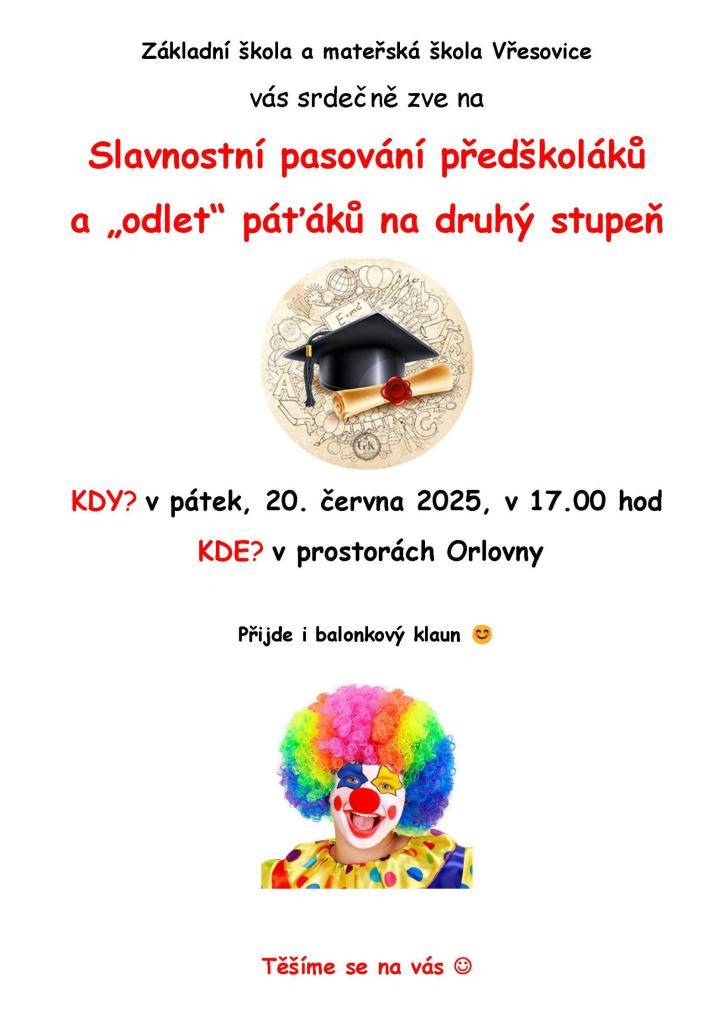 Slavnostní pasování předškoláků a „odlet“ páťáků na druhý stupeň