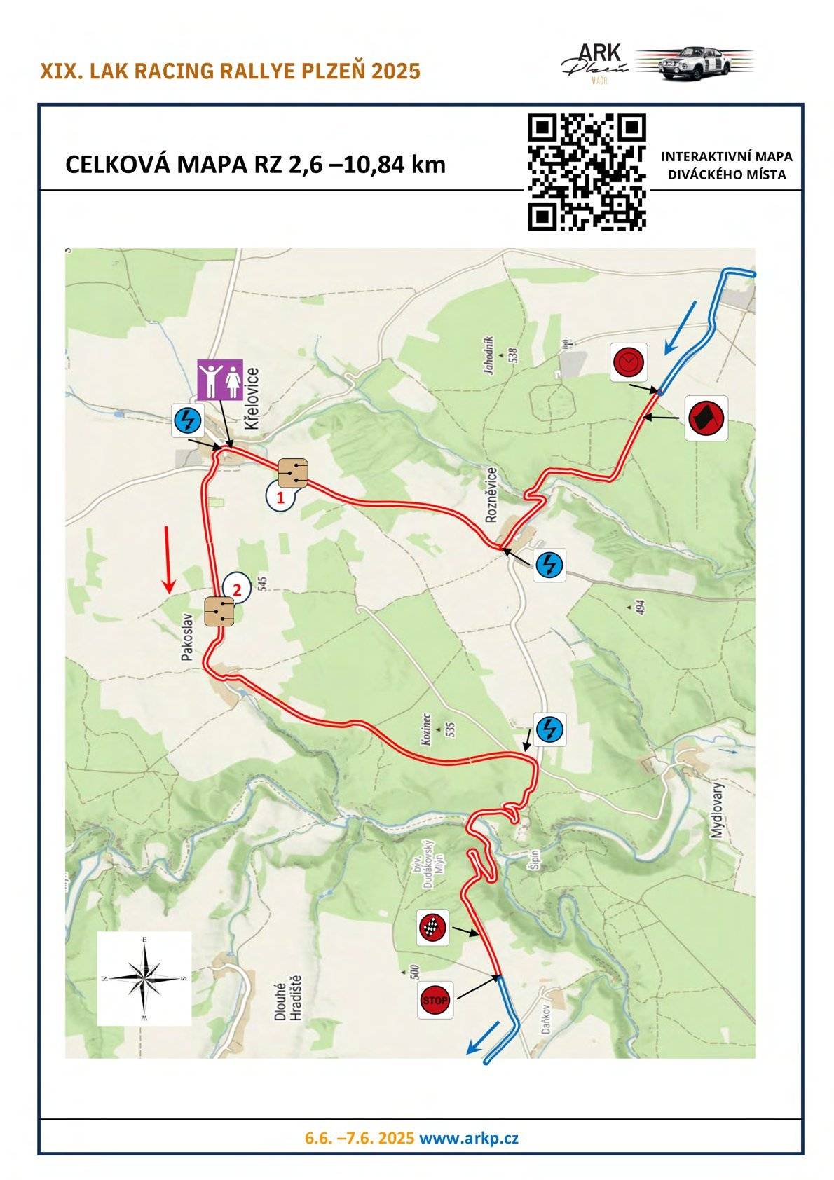 V souvislosti s konáním tradiční automobilové soutěže Rallye Plzeň 2025 upozorňujeme na dočasné dopravní omezení. V sobotu 7. 6. 2025 bude v předpokládaném čase od 8:30 – 17:50 hodin uzavřena komunikace Krukanice – Daňkov z důvodu průjezdu rychlostní zkoušky. Trasa rychlostní zkoušky je přehledně vyznačena v přiložené mapě. Více informací o závodě naleznete na: www.arkp.cz