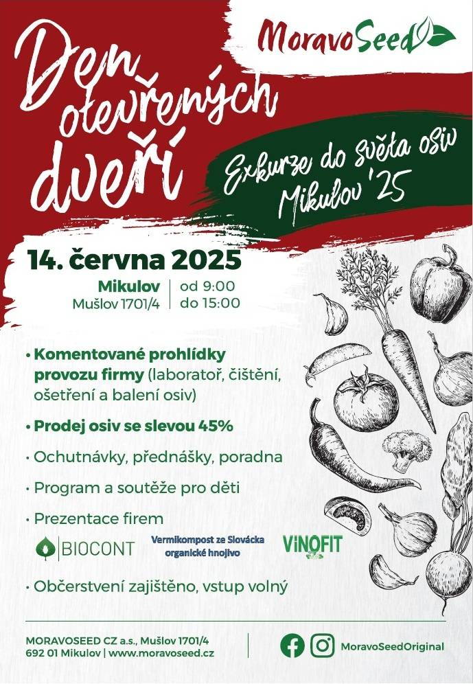 Společnost MORAVOSEED Mikulov vás zve na Den otevřených dveří – Exkurzi do světa osiv, která se koná v sobotu 14. června, od 9 do 15 hod. na adrese Mušlov 4, Mikulov.