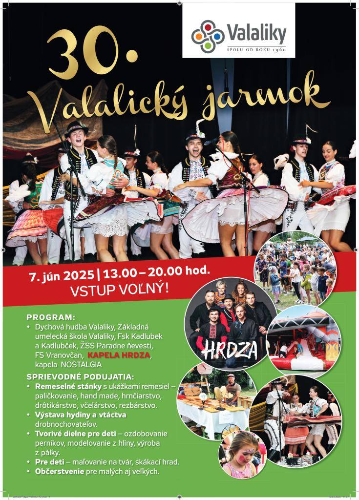 Obec Valaliky Vás srdečne pozýva na 30. Valalický jarmok, ktorý sa uskutoční v sobotu 07.06.2025. Bližšie informácie v pozvánke.