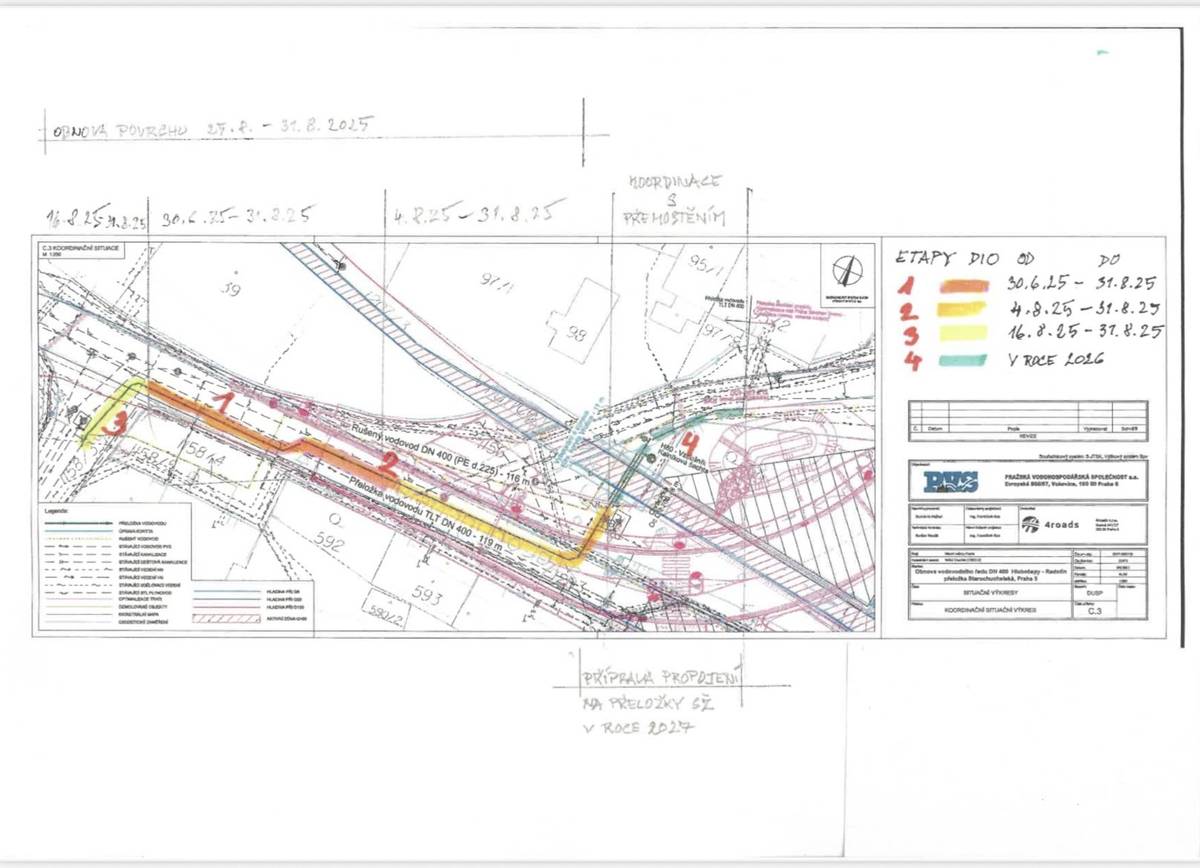 Pražská vodohospodářská společnost (PVS) bude od 30.6. do 31.8. provádět přeložku vysokotlakého vodovodu od křižovatky Starochuchelské s ulicí Na Hvězdárně směrem k přejezdu, a proto bude pro vozidla tato část ulice Starochuchelská uzavřena. Pro pěší a cyklisty bude průchod Starochuchelskou k přejezdu umožněn a přejezd včetně zabezpečovacího zařízení bude v provozu.  Pravděpodobně v termínu od 16.8. do 31.8.2025 bude uzavřena křižovatka Starochuchelská x Na Hvězdárně. Vše bude ještě upřesněno, včetně výlukových jízdních řádů MHD.