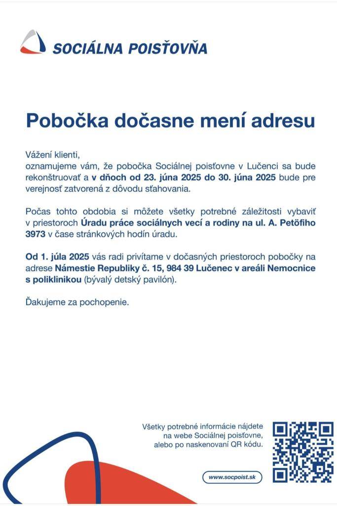 Pobočka Sociálnej poisťovne Lučenec dočasne mení adresu
