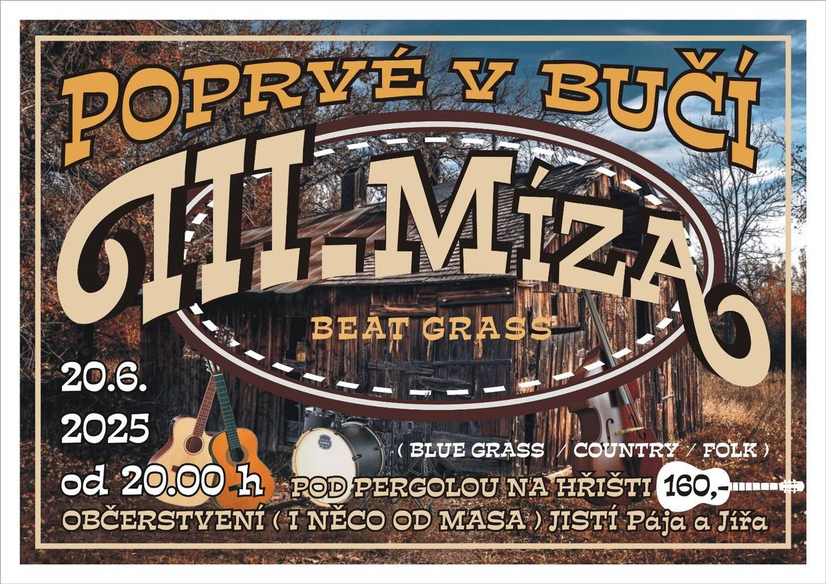 Dne 20. 6. 2025 od 20:00 hod. zahraje na hřišti pod pergolou kapela III. MÍZA. Vstupné je 160,- Kč. Občerstvení zajištěno.