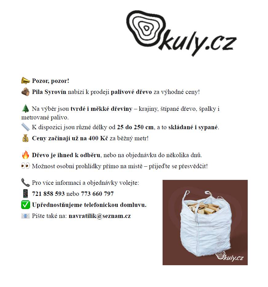 Pila Syrovín nabízí k prodeji palivové dřevo za výhodné ceny!