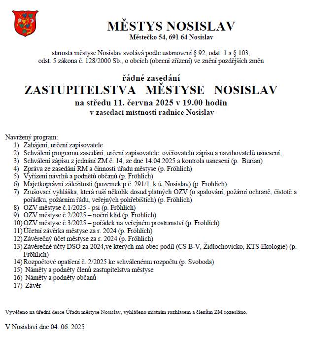 Pozvánka na zastupitelstvo městyse - 11.6.2025