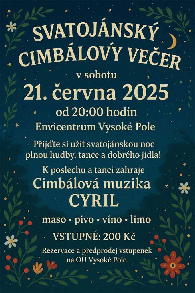 Srdečně Vás zveme na Svatojánský cimbálový večer, který se uskuteční v sobotu 21. června od 20 hodin na Envicentru.