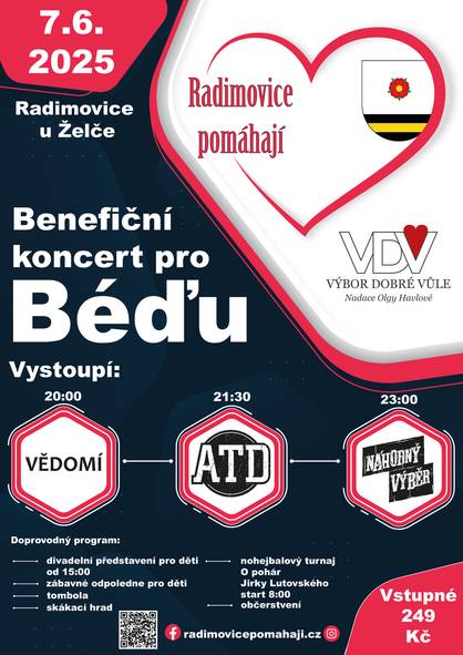 Přijďte dnes podpořit benefiční akci na pomoc Béďovi, program začal v 8:00 hod nohejbalovým turnajem O POHÁR JIRKI LUTOVSKÉHO, velké vyžití pro děti, 15:00 divadlo pro děti v sokolovně a večerní program pro dospělé. Na Béďu můžete přispět na místě jakýmkoliv finančním obnosem přímo do kasičky nebo přes QR kód na přiloženém plakátu,  Občerstvení zajišťuje Radimovická hospůdka, má toho připraveno dost, tak přijďte ať se to sní. Naše heslo POČASÍ NÁM NEVADÍ