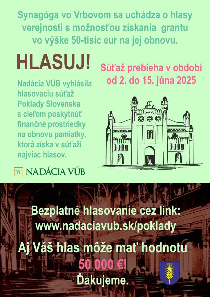 Synagóga vo Vrbovom sa uchádza o hlasy verejnosti s možnosťou získania grantu vo výške 50.000 € na jej obnovu.  Ako hovorí staré múdro: Babka k babce, budú kapce.   Pomôcť môžete i Vy a nič Vás to nebude stáť :-)