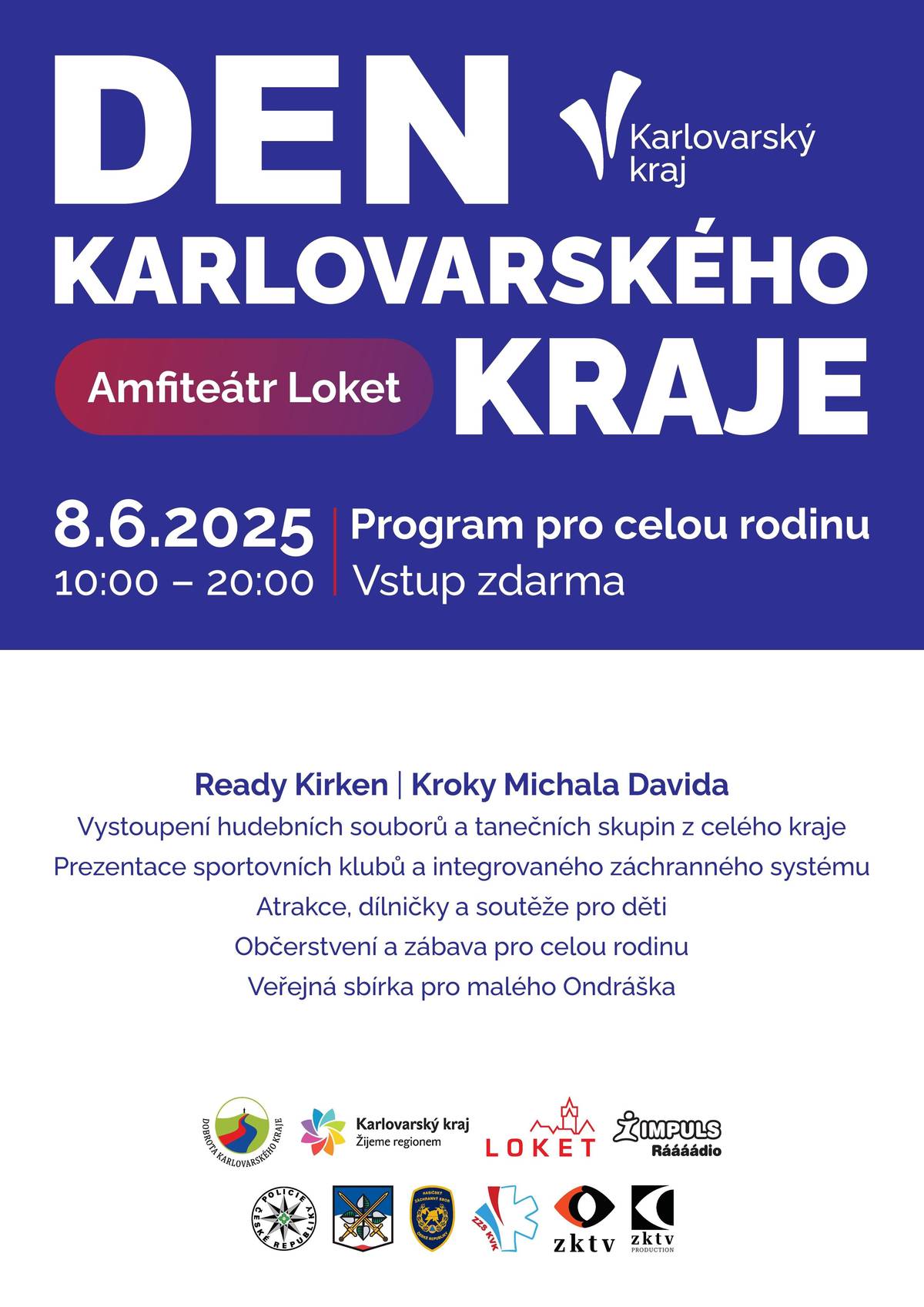 Už 8. června 2025 se od 10 do 20 hodin v krásném areálu přírodního amfiteátru v Lokti uskuteční Den Karlovarského kraje, který spojí zábavu, vzdělání, kulturu a sport. Těšit se můžete na hudební vystoupení, prezentaci sportovních klubů, ukázky složek integrovaného záchranného systému a mnoho dalšího. Přijďte si užít příjemný den, načerpat inspiraci a strávit čas s rodinou a přáteli.  Program naleznete v příloze.