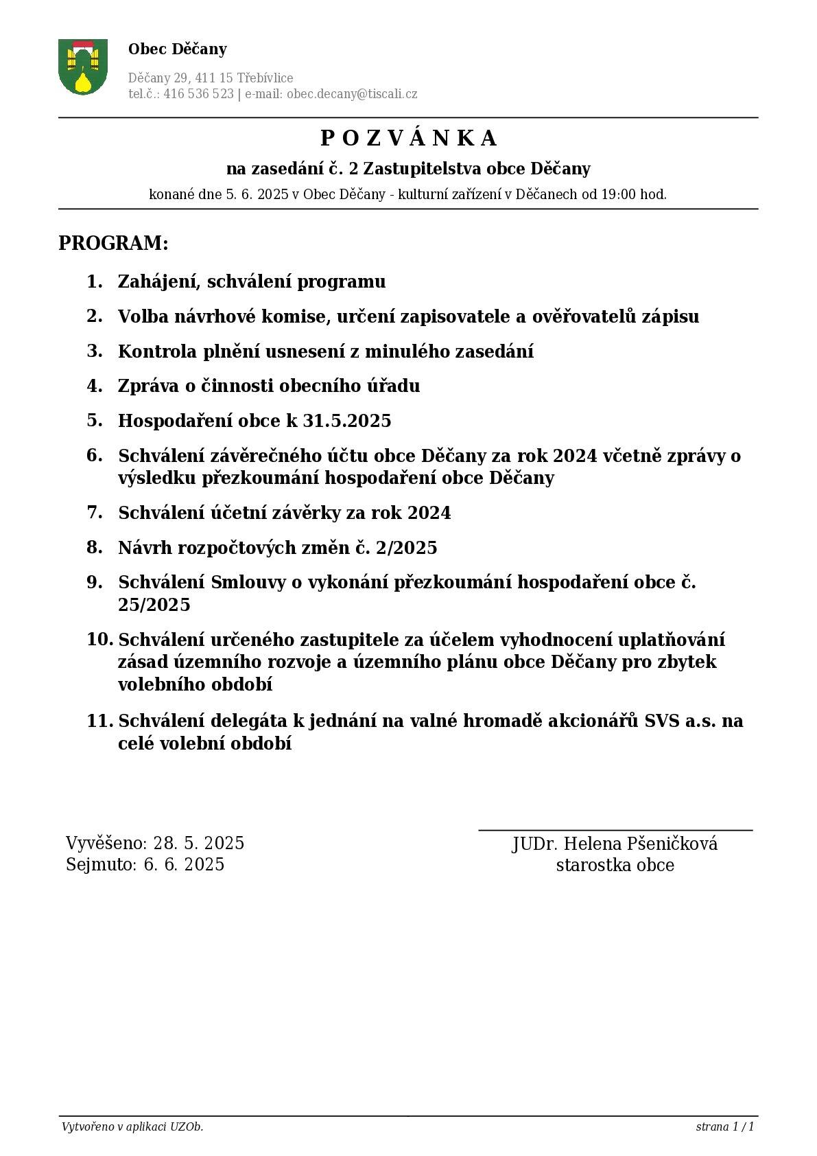 Obec Děčany zve na veřejné zasedání č. 2 Zastupitelstva obce