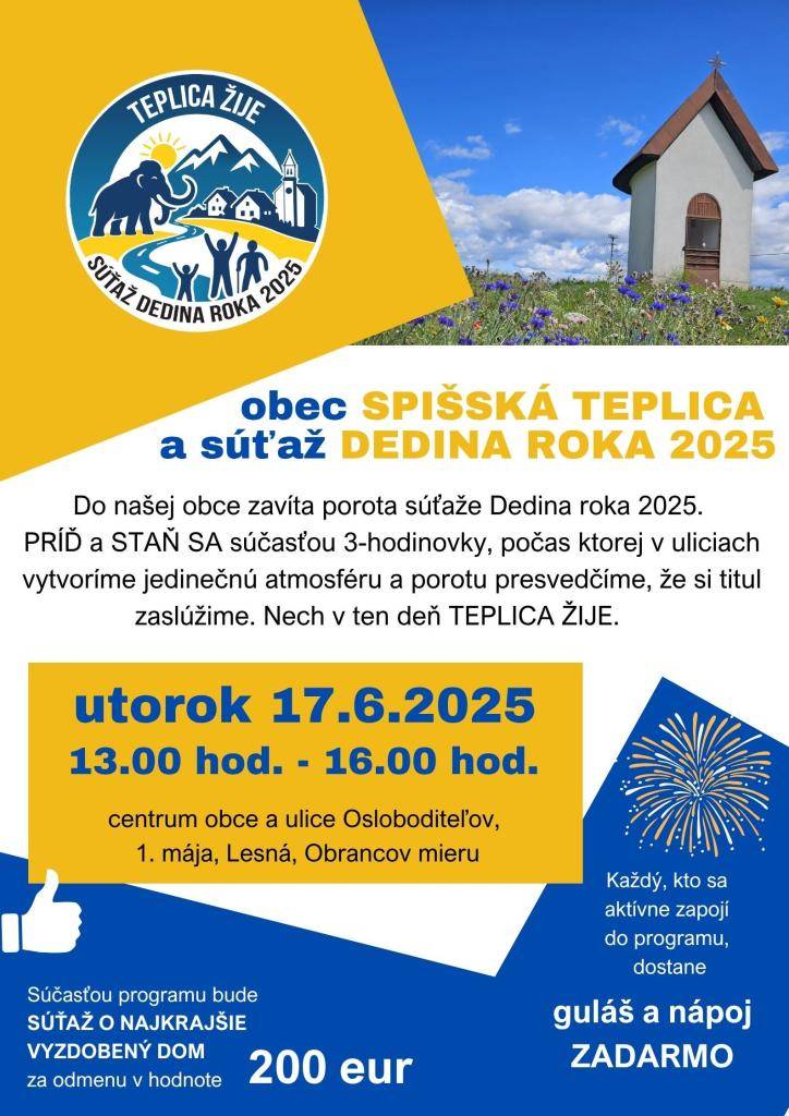 Naša obec privíta porotu súťaže Dedina roka 2025, kde sa počas 3-hodinovej akcie vytvorí jedinečná atmosféra. Príďte a podporte nás v boji o prestížny titul.