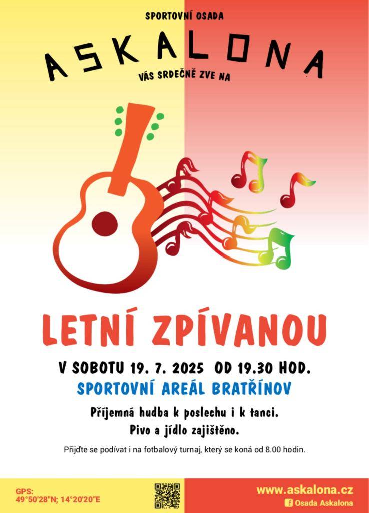 Osada Askalona Vás zve na Letní zpívanou 19.7.2025 od 19:30 hod. ve sportovním areálu v Bratřínově.