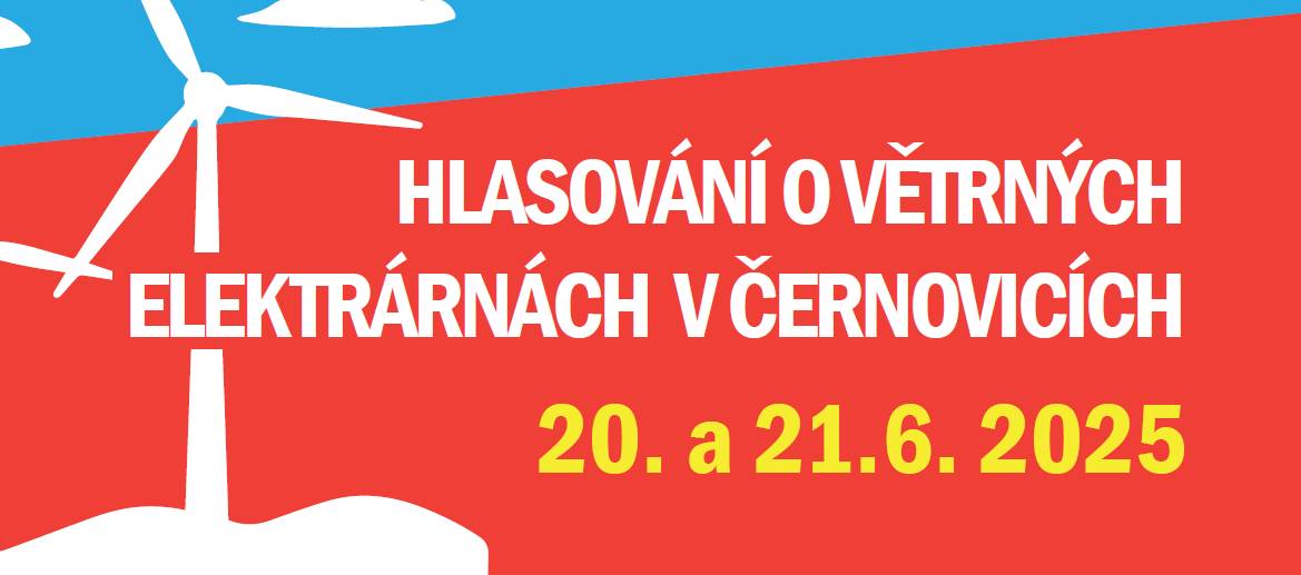 Dobrý den, upozorňujeme všechny na dvě události, spojené s problematikou větrných elektráren. První z nich je odborná diskuse, která se bude konat 17.6. od 17:00 na Sokolovně. Druhou událostí je pak hlasování, které se uskuteční 20. a 21.6.2025.