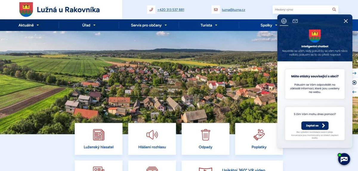 Vážení spoluobčané,  na webových stránkách obce je k dispozici nová funkce zvaná chatbot. Na základě Vašeho dotazu Vám v rychlosti zodpoví otázky související s naší obcí nebo vyhledá požadované informace, odkazy, aj.