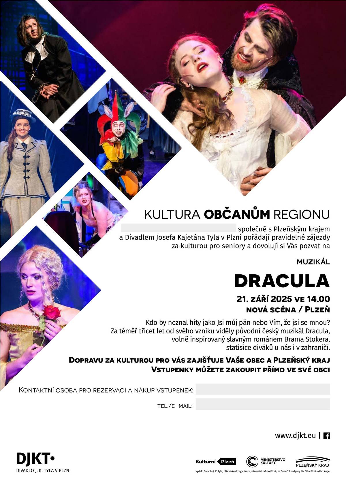 Objednávky vstupenek směřujte na paní Wellanovou formou sms na tel. 724 009 220 nebo na e-mail obeckrsy@volny.cz a uveďte počet vstupenek a jméno a příjmení objednávajícího včetně telefonického kontaktu. Zároveň závazně uveďte, jestli využijete dopravu autobusem z místa nástupu Trhomné - autobusová zastávka směr Plzeň nebo Krsy. Děkujeme. trailer k představení: https://www.djkt.eu/repertoar/dracula-2024   Neváhejte dlouho a rychle objednávejte vstupenky na toto úžasné představení.