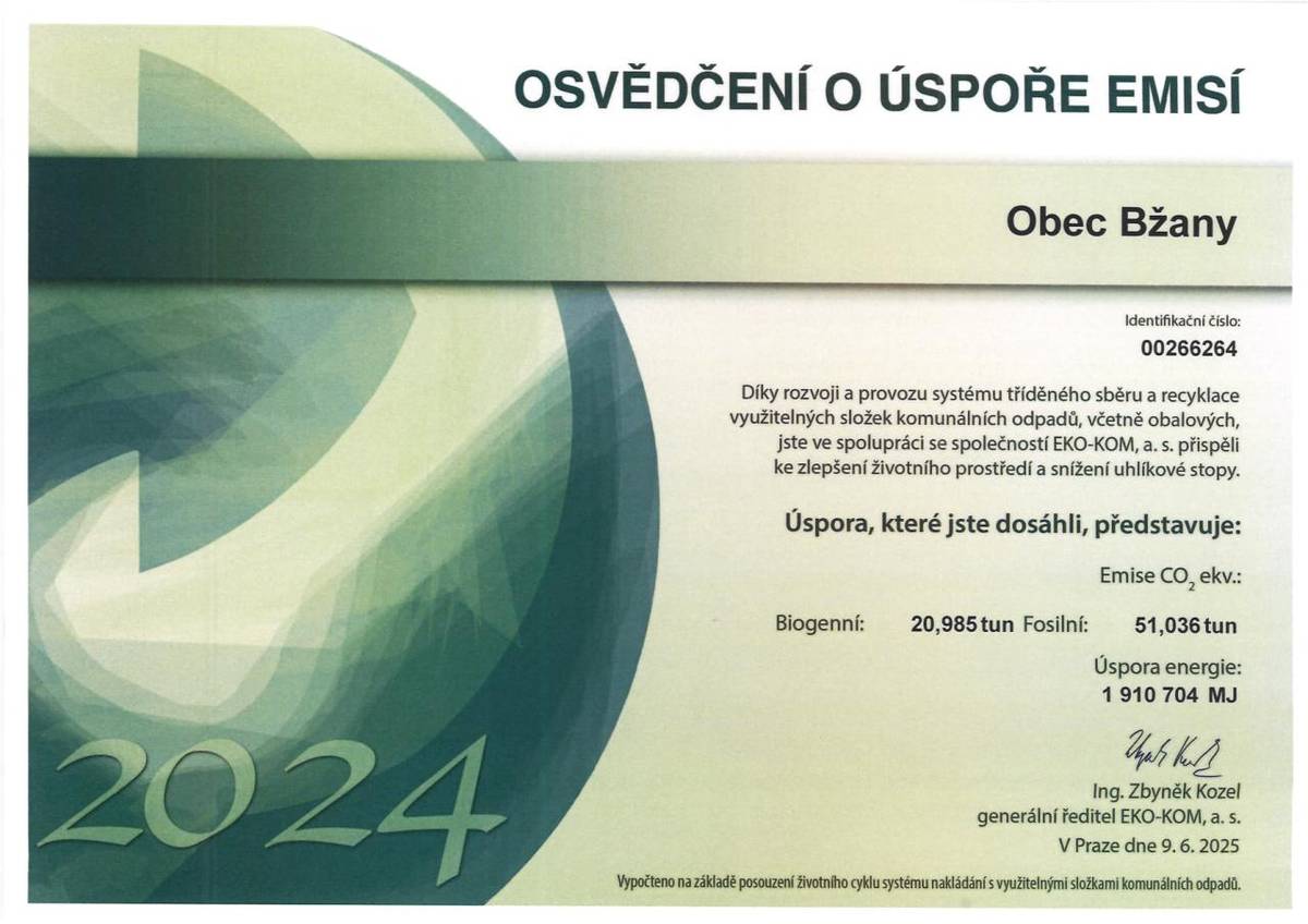 Obec Bžany dosáhla významné úspory emisí díky systému tříděného sběru a recyklace odpadů.