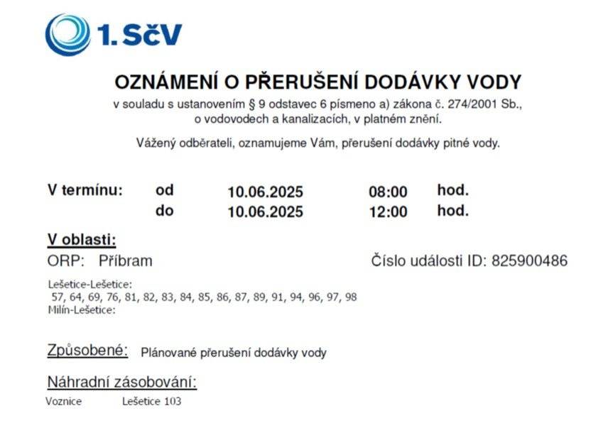 Připomínáme, že v úterý 10.6. od 8 do 12h proběhne odstávka dodávky vody pro č.p. 57, 64, 69, 76, 81, 82, 83, 84, 85, 86, 87, 89, 91, 94, 96, 97 a 98.