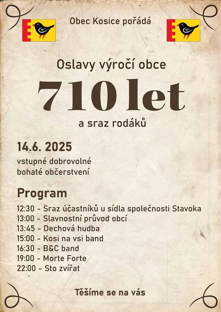Obec Kosice vás zve na oslavy 710 let obce.