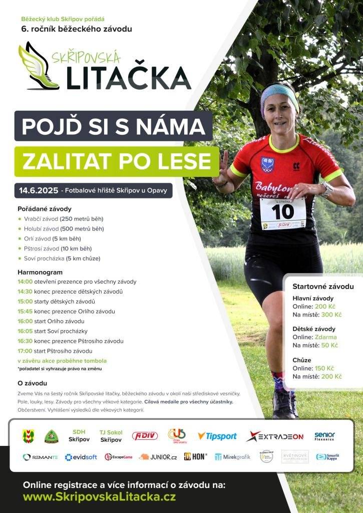 Již tuto sobotu 14.6.2025 se koná ve Skřipově na fotbalovém hřišti běžecký závod "Skřipovská litačka" Od 14:00 se na vás těší pořadatelé, kdo neběhá, přijďte fandit.
