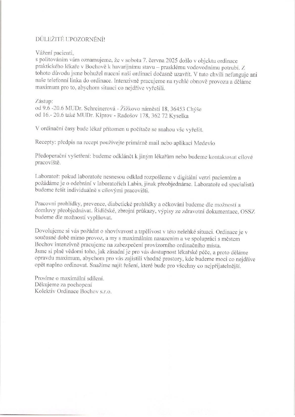 Uzavření ordinace Bochov