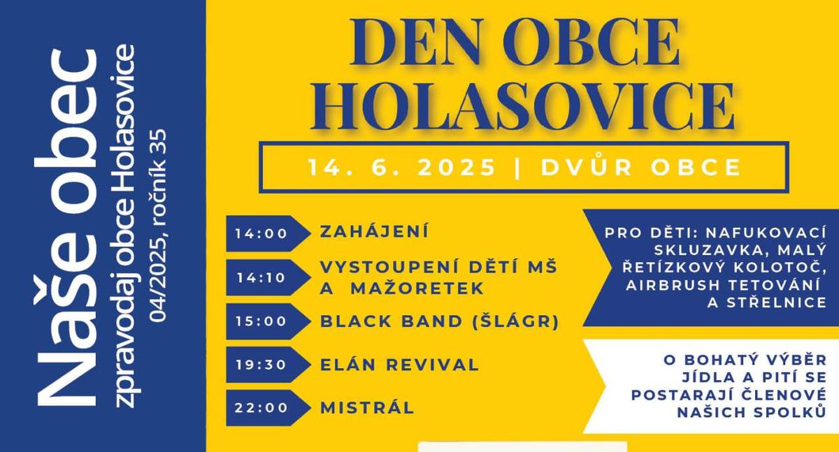 Zprávy z obce ■ Pavel Křížkovský ■ Oslavy výročí Pavla Křížkovského v Holasovicích ■ Spolek Loděničan z. s. ■ TJ Sokol Holasovice, z.s. ■ Zahradní slavnost MŠ Holasovice ■ Atletický čtyřboj ■ Přehled hlavních společenských akcí v Holasovicích